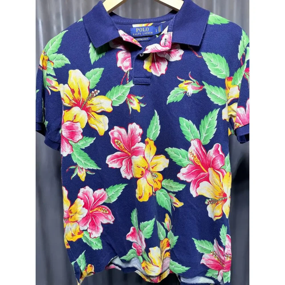 Polo Ralph Lauren Hawaiian Floral Polo Shirt Custom Slim Fit Hibiscus Navy L